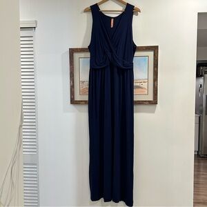 Gilli Sleeveless Plunge Neck Faux Wrap Jersey Stretch Maxi Dress Navy Blue